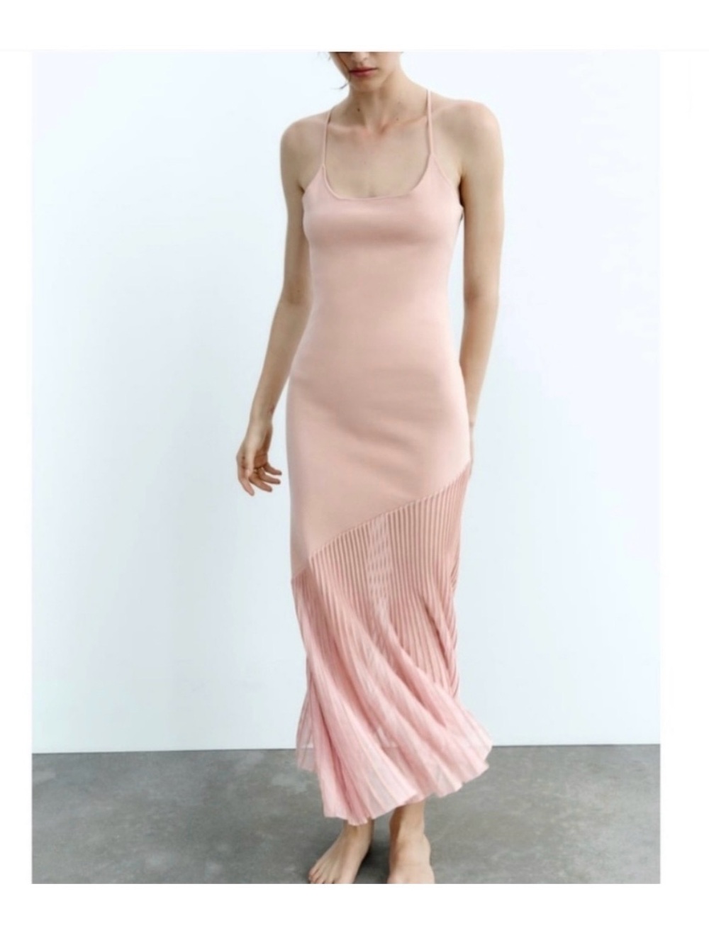dusty Pink Knit Maxi Dress with Pleated Hem